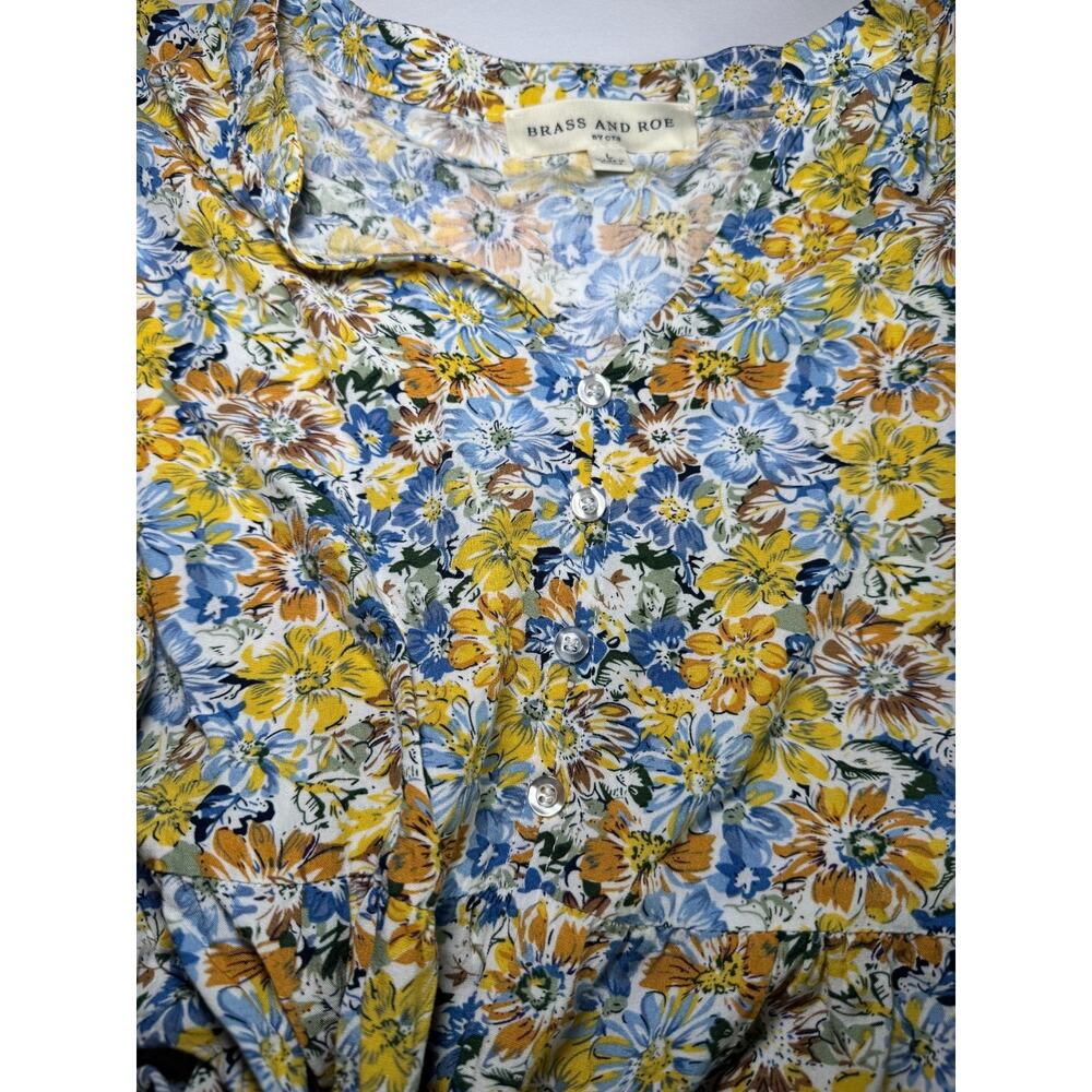 Brass and Roe Floral Mini Dress Women Large Boho Cottagecore Tiered Yellow/Blue - Picture 8 of 13